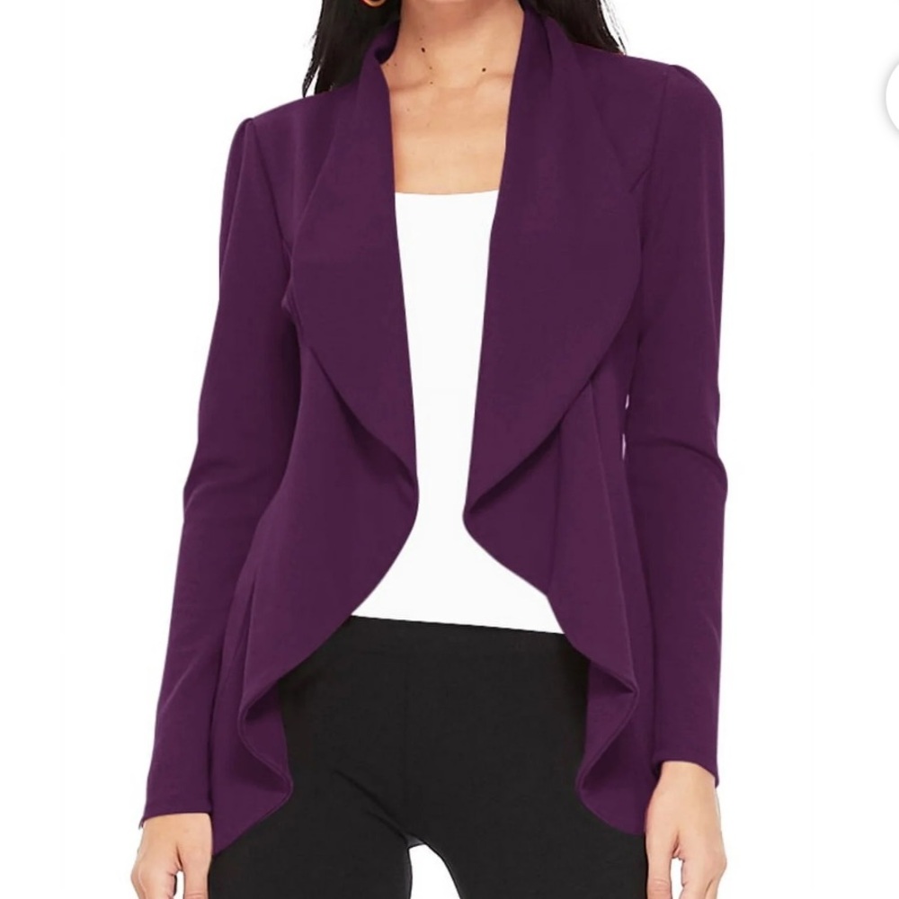 Moa USA Long Sleeve Open Front Blazer Solid Office Jacket Purple